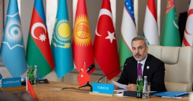 Hakan Fidan speaks at the Council of Foreign Ministers Meeting, Gabala, Azerbaijan, Oct. 7, 2025. (AA Photo)