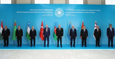 Heads of state of Turkic countries pose for a group photo before the summit, Gabala, Azerbaijan, Oct. 7, 2025. (DHA Photo)