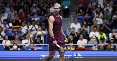 Spain&#039;s Carlos Alcaraz reacts after winning the final match against Taylor Fritz of the USA at the Japan Open tennis tournament, Tokyo, Japan, Sept. 30, 2025. (EPA Photo)