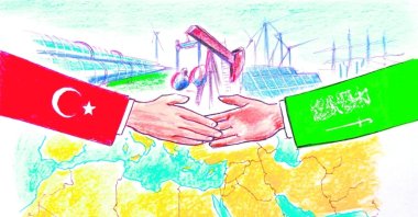 "Türkiye’s diplomatic activism and Saudi Arabia’s symbolic role in the Islamic world make their joint stance crucial." (Illustration by Erhan Yalvaç)