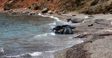 A sunken boat is seen at Geras beach, in southern Lesvos, Greece, Oct. 7, 2025. (EPA Photo)