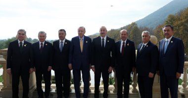 Leaders of Organization of Turkic States (OTS) member-states at the group’s 12th summit held in Gabala, Azerbaijan, Oct. 7, 2025. (AA Photo)