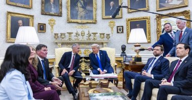 U.S. President Donald Trump meets with Canadian Prime Minister Mark Carney in the Oval Office of the White House in Washington, D.C., Oct. 7, 2025. (EPA Photo)