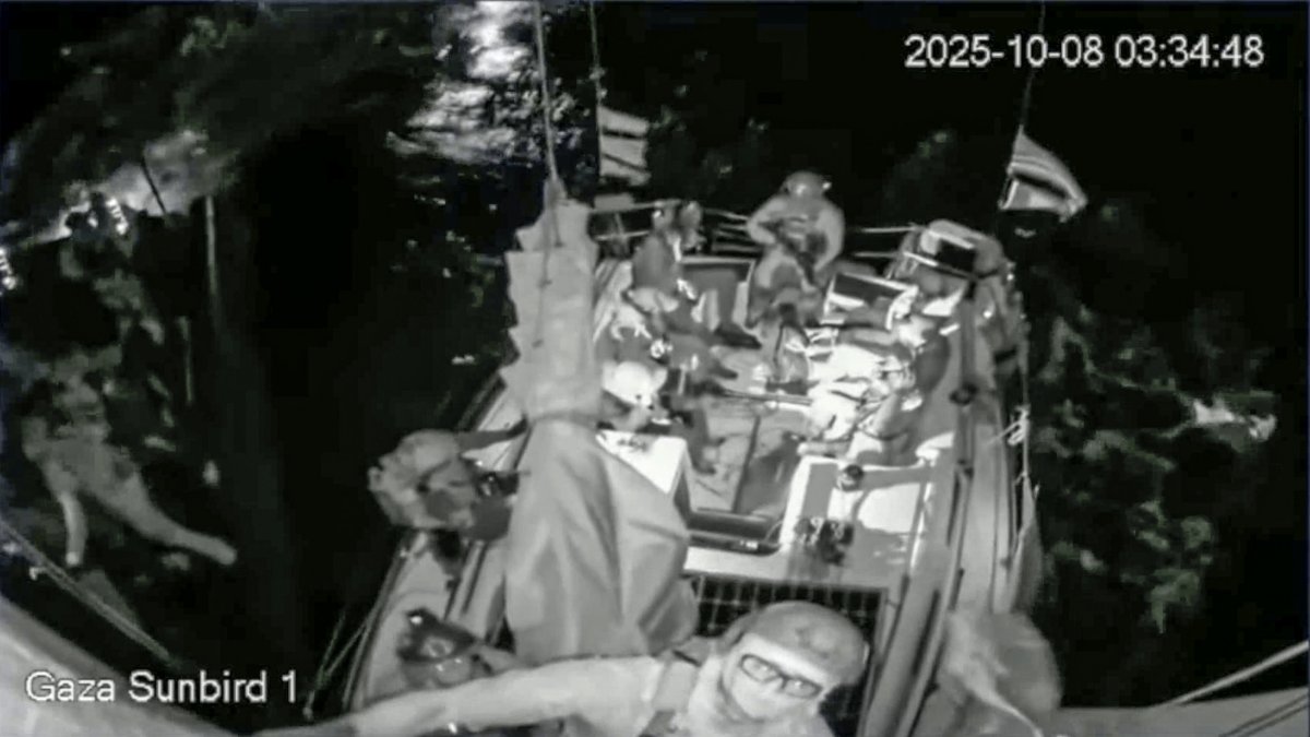 A screengrab from a video shows Israeli soldiers boarding a vessel of the flotilla, Oct. 8, 2025. (AA Photo) 
