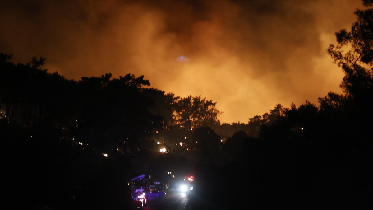 Firefighters combat a forest fire spreading from a roadside in Kıyıkışlacık, Muğla, Türkiye, Sept. 19, 2025. (AA Photo)