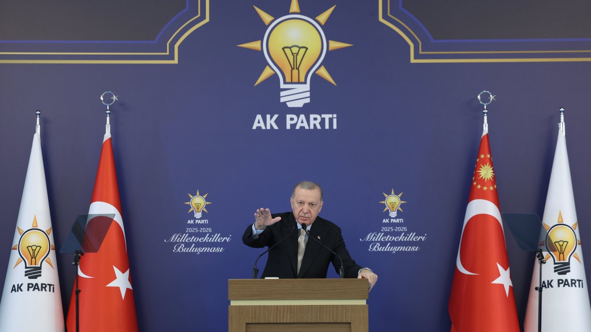 President Recep Tayyip Erdoğan addresses fellow members of the AK Party, Ankara, Türkiye, Oct. 8, 2025. (AA Photo)