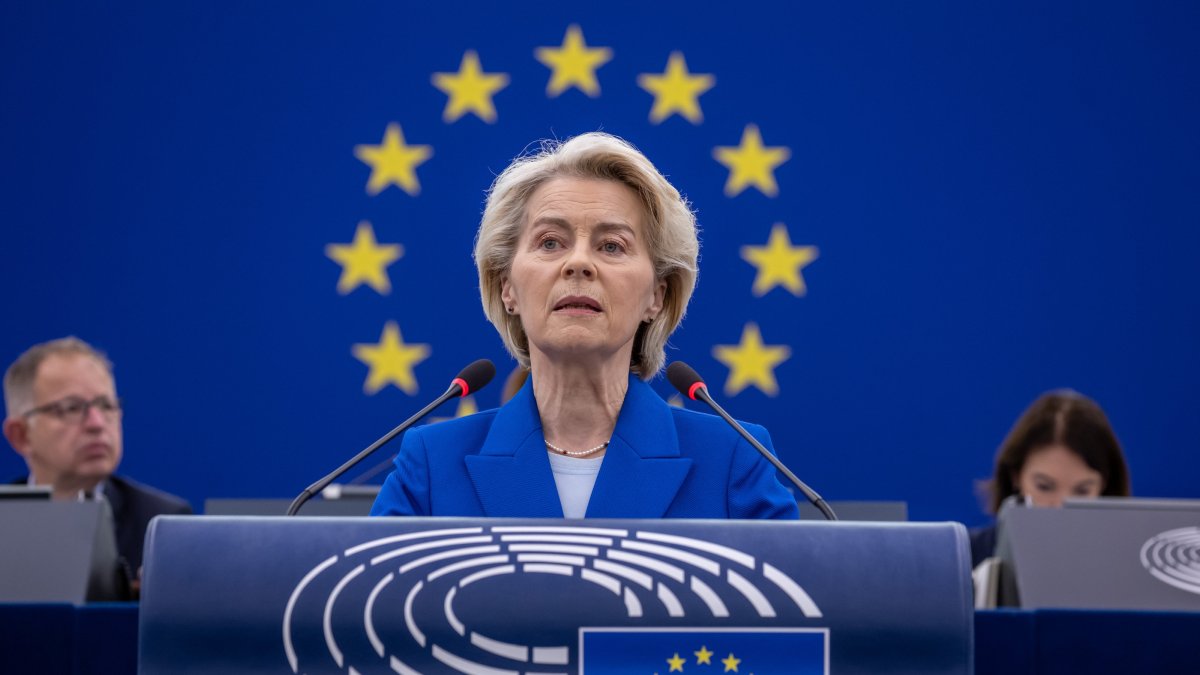 European Commission President Ursula von der Leyen speaks at the European Parliament in Strasbourg, France, Oct. 8, 2025. (EPA Photo)