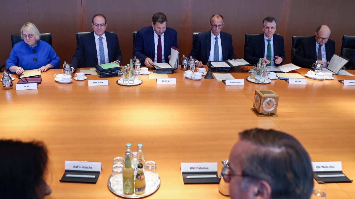 German Chancellor Friedrich Merz, Interior Minister Alexander Dobrindt, Finance Minister Lars Klingbeil and Special Tasks Minister Thorsten Frei attend a cabinet meeting at the Chancellery in Berlin, Germany Oct. 8, 2025. (Reuters Photo)