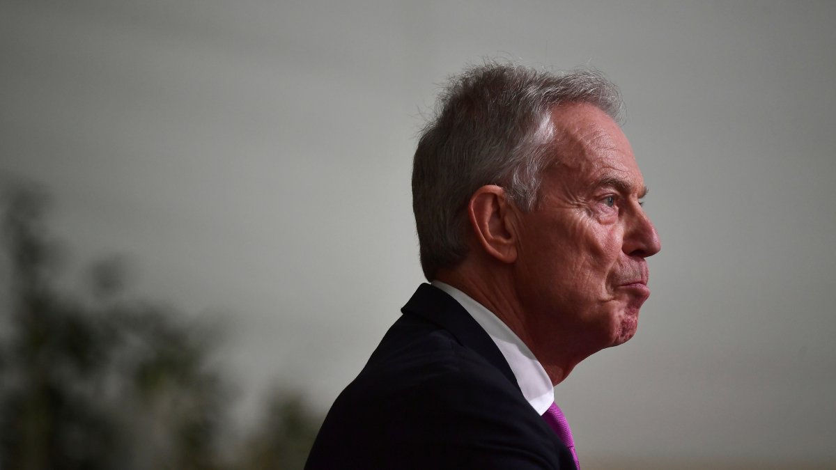 Former British Prime Minister Tony Blair reacts as he gives a speech at Hillsborough Castle for the Gala dinner to mark the 25th anniversary of the Belfast/Good Friday Agreement, in Belfast, Northern Ireland, April 19, 2023. (AP File Photo)