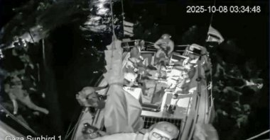 A screengrab from a video shows Israeli soldiers boarding a vessel of the flotilla, Oct. 8, 2025. (AA Photo) 