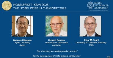 From left, Susumu Kitagawa, Richard Robson and Omar Yaghi, winners of the Nobel Prize in Chemistry, are announced at the Nobel Assembly of the Karolinska Institutet, Stockholm, Sweden, Oct. 8, 2025. (AP Photo)