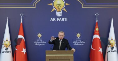 President Recep Tayyip Erdoğan addresses fellow members of the AK Party, Ankara, Türkiye, Oct. 8, 2025. (AA Photo)