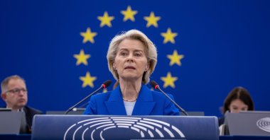 European Commission President Ursula von der Leyen speaks at the European Parliament in Strasbourg, France, Oct. 8, 2025. (EPA Photo)