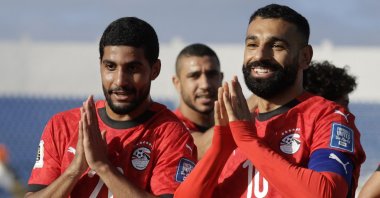Egypt&#039;s forward Ibrahim Adel (L) celebrates with forward Mohamed Salah after scoring his team&#039;s first goal during the FIFA World Cup 2026 Africa qualifier football match between Djibouti and Egypt at the Larbi Zaouli Stadium in Casablanca, Oct. 8, 2025. (AFP Photo)