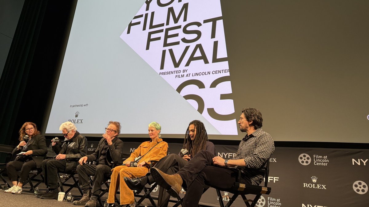 Director Jim Jarmusch (2nd L) and Adam Driver (R) participate in the Q&A session after the North American premiere of "Father Mother Sister Brother" at the 63rd New York Film Festival, New York, U.S., Sept. 3, 2025. (Photo by Funda Karayel)