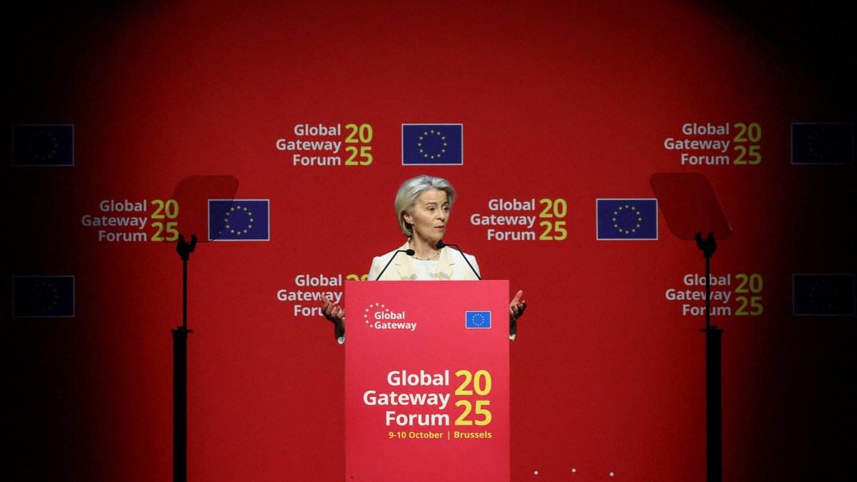 European Commission President Ursula von der Leyen addresses a keynote during the Global Gateway Forum in Brussels, Belgium, Oct. 9, 2025. (Reuters Photo)
