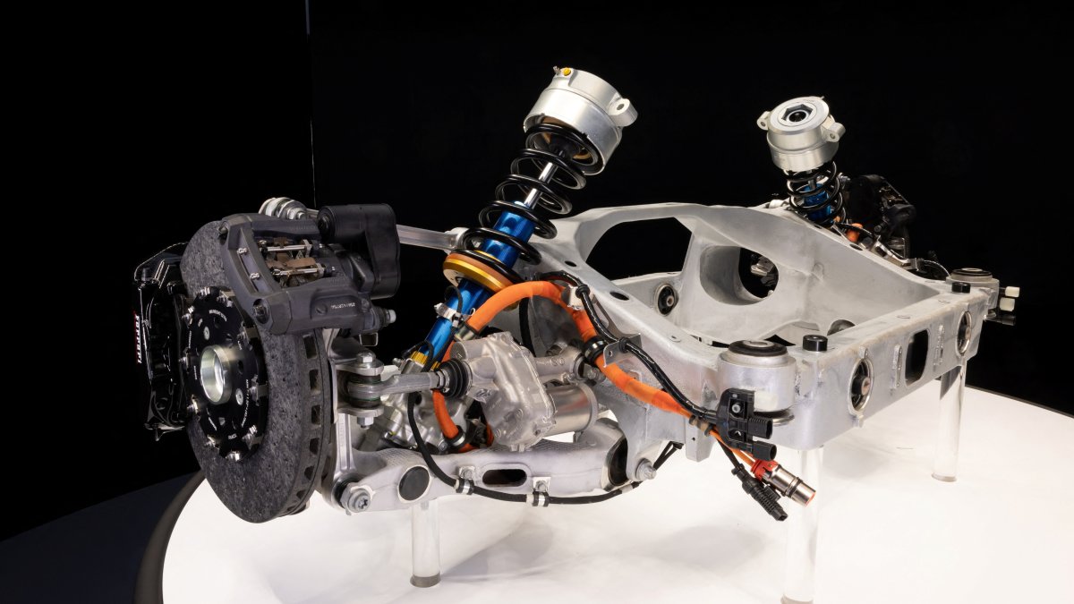 A view of the suspension and brake system as the new electric technology developed for Ferrari&#039;s first electric car, including chassis, battery modules and electric motor, is unveiled at the company’s headquarters in Maranello, Italy, Oct. 8, 2025. (Reuters Photo)