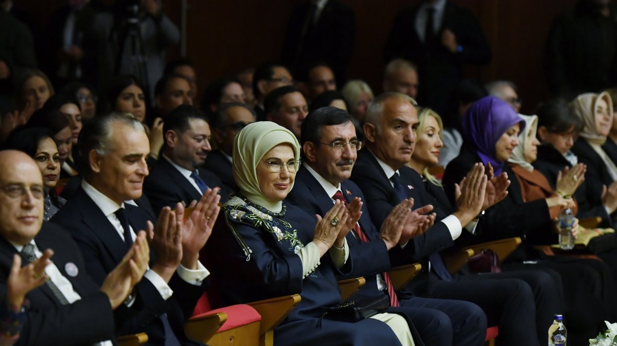 Emine Erdoğan sits alongside diplomats and officials during the “United for a Free Palestine Like the Wind” charity event in Ankara, Türkiye, Oct. 8, 2025. (AA Photo) 