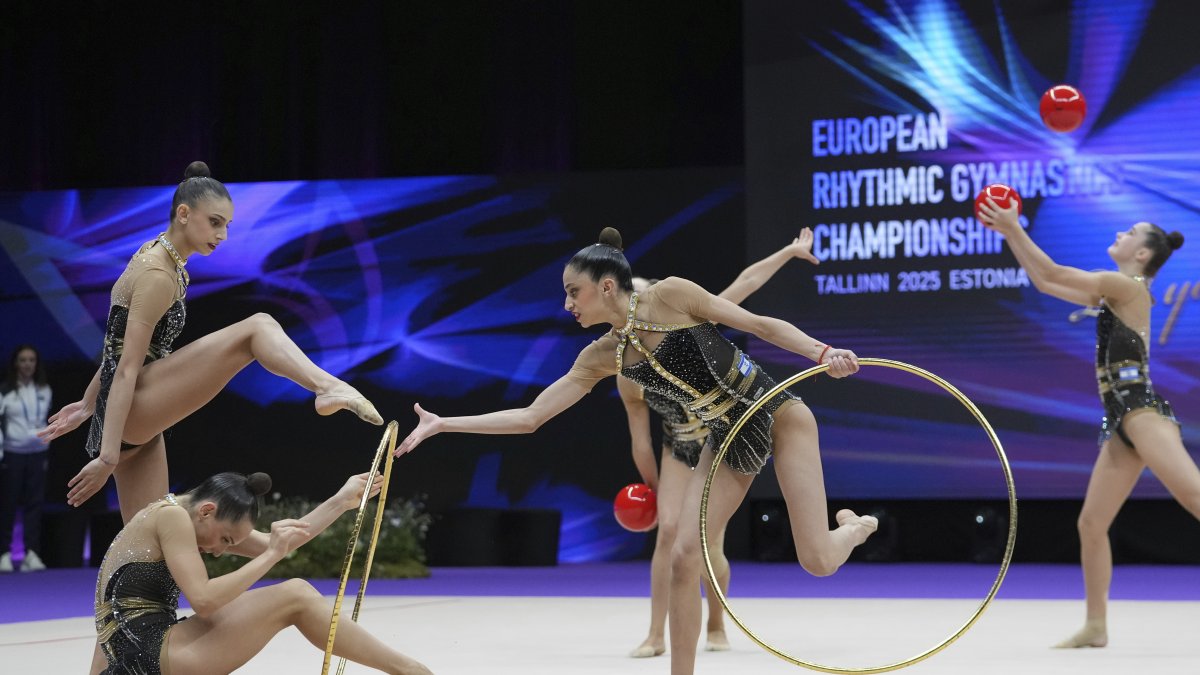 Israel team competes during the apparatus finals of the European Championships in Rhythmic Gymnastics at the Unibet Arena, Tallinn, Estonia, Sunday, June 8, 2025. (AP File Photo)