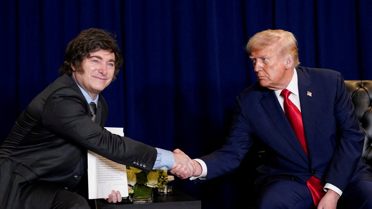 U.S. President Donald Trump shakes hands with Argentina&#039;s President Javier Milei as they meet during the 80th United Nations General Assembly, New York City, New York, U.S., Sept. 23, 2025. (Reuters File Photo)