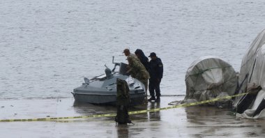 An unmanned marine vehicle, Magura V5, was found by fishermen off the coast of Yoroz Port, Trabzon, Türkiye, Sept. 30, 2025. (AA Photo).
