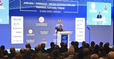Transport and Infrastructure Minister Abdulkadir Uraloğlu delivers a speech at the closing ceremony for the Ankara-Kırıkkale-Delice highway, Ankara, Türkiye, Oct. 8, 2025. (AA Photo)