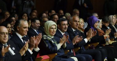 Emine Erdoğan sits alongside diplomats and officials during the “United for a Free Palestine Like the Wind” charity event in Ankara, Türkiye, Oct. 8, 2025. (AA Photo) 