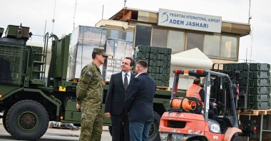 Kosovo&#039;s Prime Minister Albin Kurti (C) oversees the arrival of Turkish drones at the airport in Pristina, Kosovo, Oct. 8, 2025. (IHA Photo)