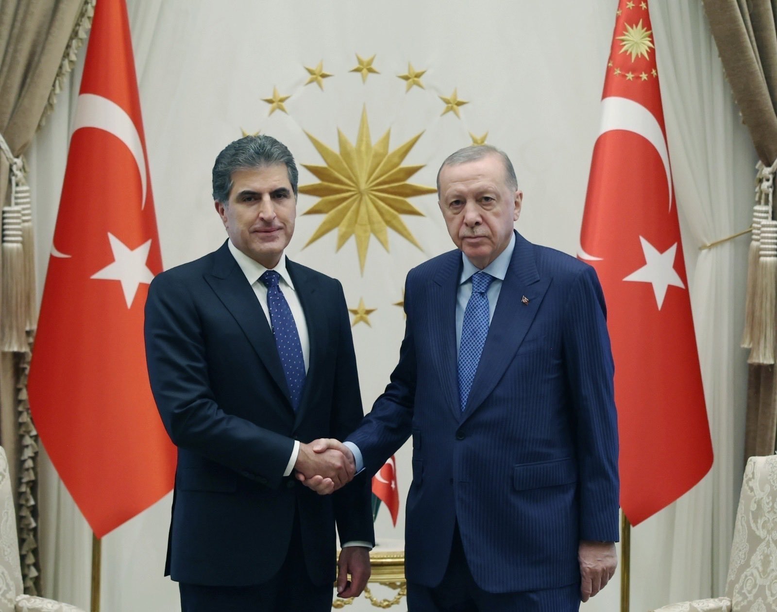 President Recep Tayyip Erdoğan meets with Kurdistan Regional Government President Nechirvan Barzani at the Presidential Complex, Ankara, Türkiye, Oct. 9, 2025. (Presidential Communications Directorate, Handout)