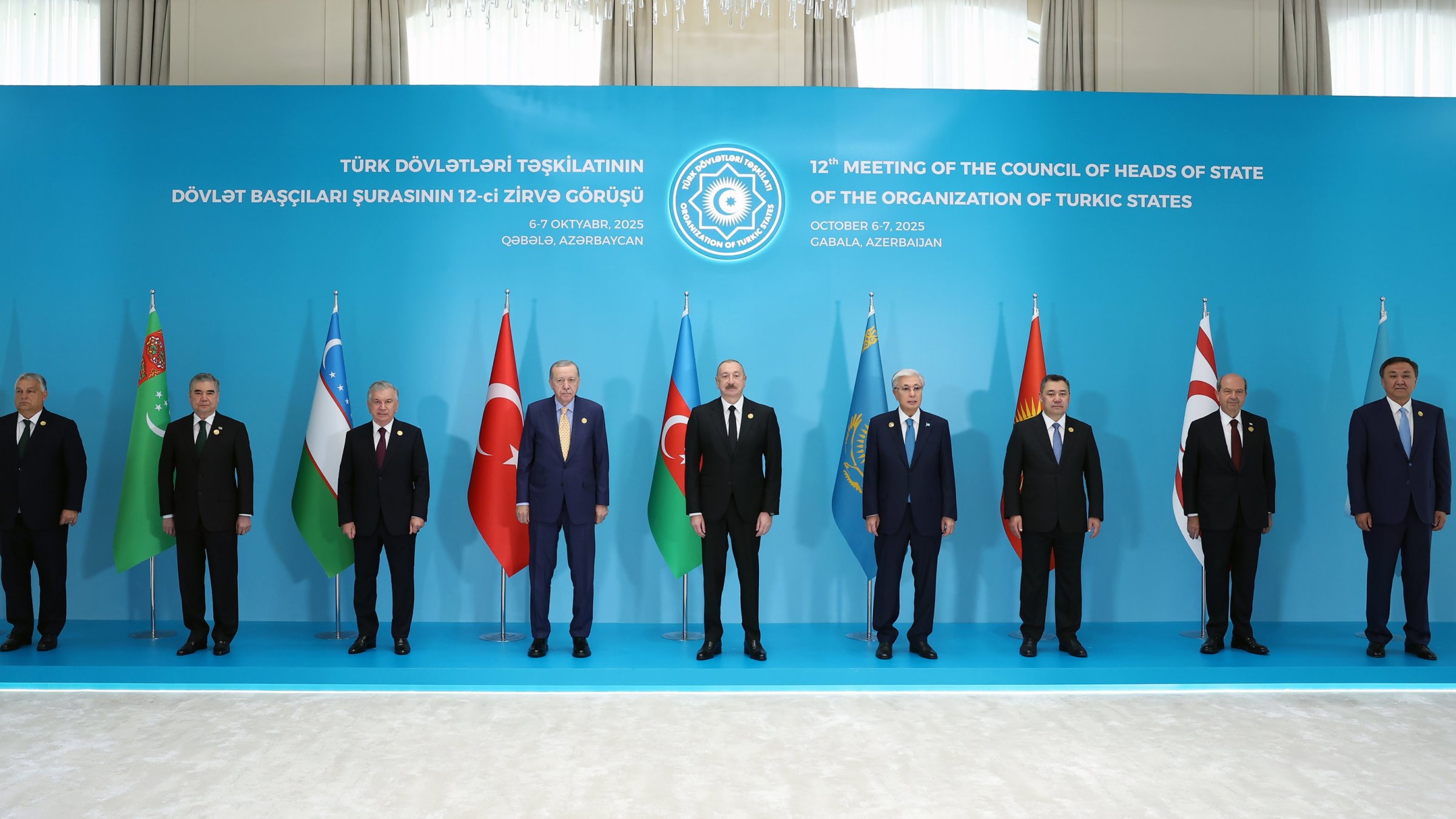 (From L) Hungarian Prime Minister Viktor Orban, People&#039;s Council of Turkmenistan Chair Gurbanguly Berdymukhamedov, Uzbekistan&#039;s President Shavkat Mirziyoyev, President Recep Tayyip Erdoğan, Azerbaijani President Ilham Aliyev, Kazakhstan&#039;s President Kassym-Jomart Tokayev, Kyrgyzstan&#039;s President Sadyr Zhaparov, Turkish Republic of Northern Cyprus President Ersin Tatar and OTS Secretary-General Kubanychbek Omuraliev pose for a family photo during the 12th Summit of the Organization of Turkic States (OTS), Gabala, Azerbaijan, Oct. 7, 2025. (AA Photo)