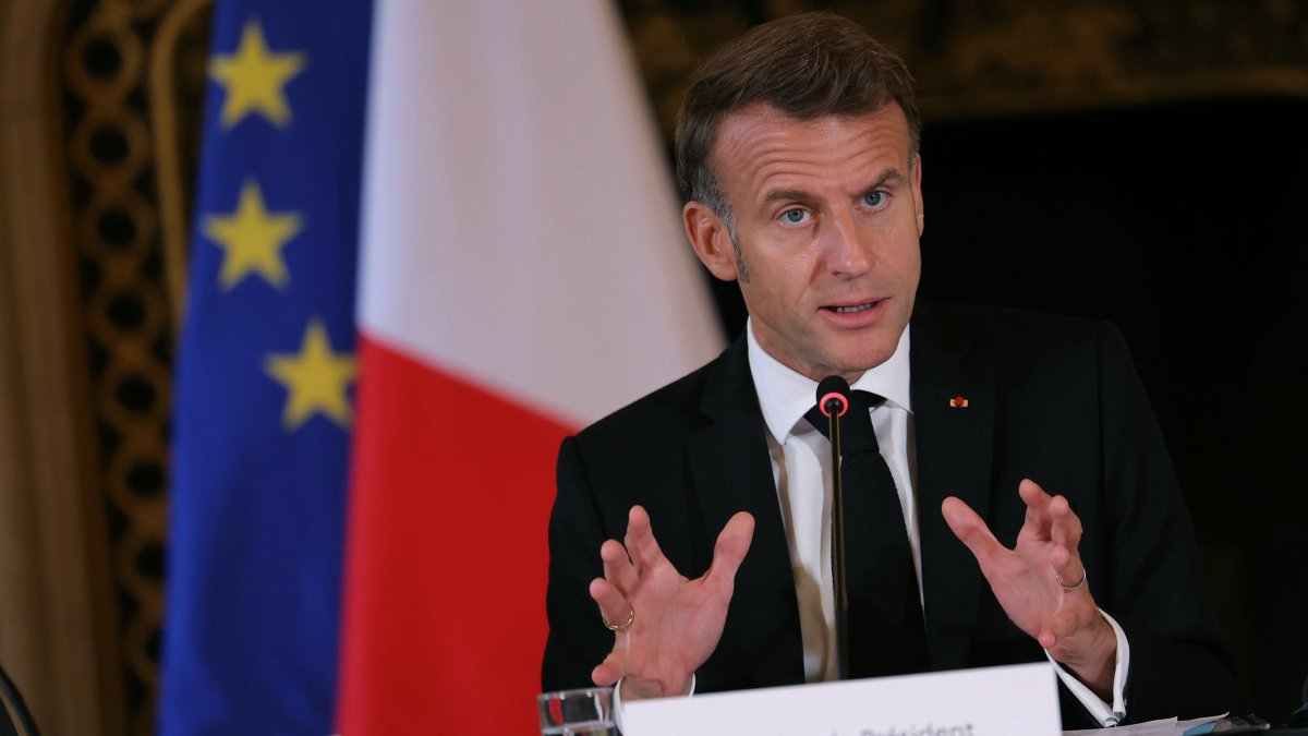 France&#039;s President Emmanuel Macron speaks during a Ministerial meeting on the implementation of the Middle East peace plan at the Quai d&#039;Orsay, France&#039;s Ministry for Europe and Foreign Affairs, in Paris, France, Oct. 9, 2025. (EPA Photo)