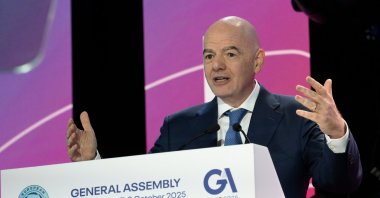 FIFA President Gianni Infantino speaks during the 32nd European Football Clubs General Assembly, Rome, Italy, Oct. 9, 2025. (AP Photo)