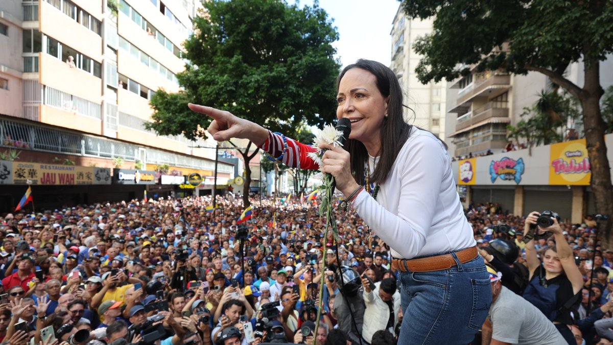 Maria Corina Machado speaks to supporters in Caracas, Venezuela, Jan. 9, 2025. (EPA Photo)