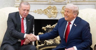 U.S. President Donald Trump shakes hands with President Recep Tayyip Erdoğan as they meet in the Oval Office of the White House in Washington, U.S., Sept. 25, 2025. (AFP Photo)