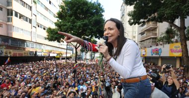 Maria Corina Machado speaks to supporters in Caracas, Venezuela, Jan. 9, 2025. (EPA Photo)