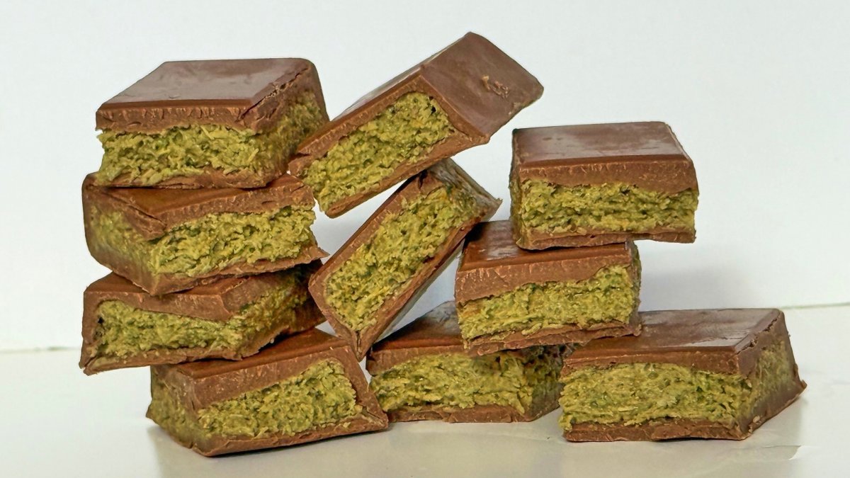 Pieces of Dubai chocolate bars are displayed in New York, U.S., Sept. 26, 2025. (AP Photo)