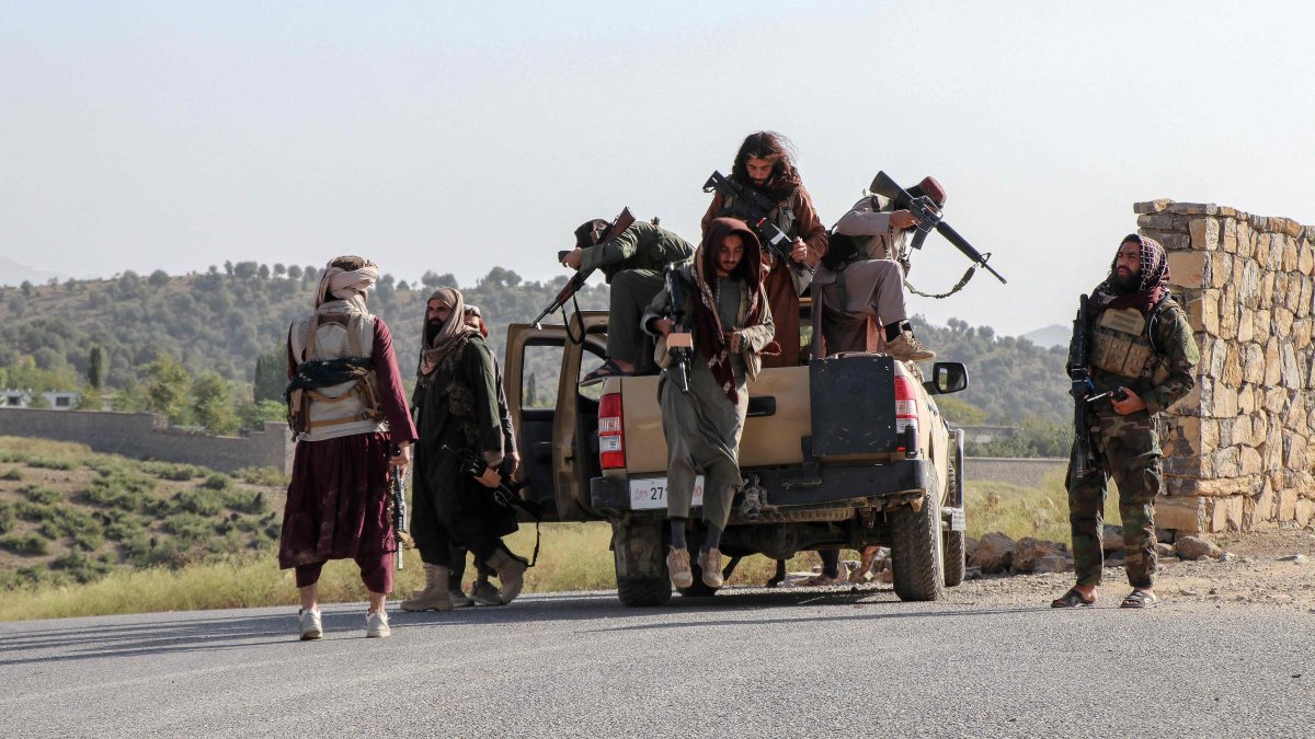 Taliban security personnel arrive to patrol along a road in the Zazai Maidan district of Khost province near the Afghanistan-Pakistan border Oct. 12, 2025. (AFP Photo)