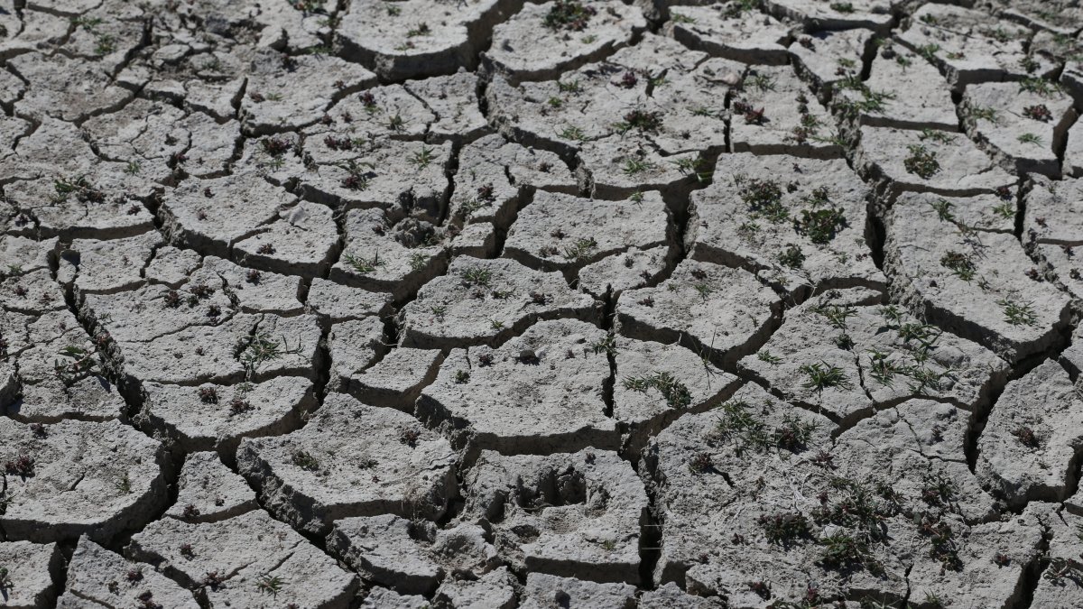 A dried and cracked landscape at Bahçelik Dam, showing a 60% drop in water levels, Kayseri, Türkiye, Oct. 10, 2025. (AA Photo)