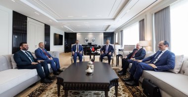 Foreign Minister Fidan (3rd R), Defense Minister Yaşar Güler (2nd R), MIT chief Ibrahim Kalın (R), Syrian Foreign Minister Asaad al-Shaibani (3rd L), Defense Minister Murhaf Ahmed Abu Qasra (2nd L), and intelligence chief Hussein al-Salama (L) attend the meeting, Ankara, Türkiye, Oct. 12, 2025. (AA Photo)