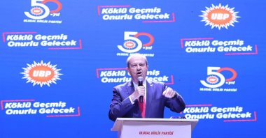 TRNC President Ersin Tatar speaks at an event for his party&#039;s foundation anniversary in Lefkoşa (Nicosia), TRNC, Oct. 12, 2025. (AA Photo)