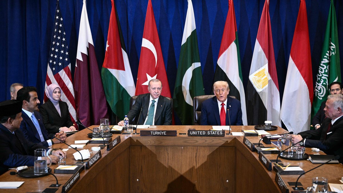 U.S. President Donald Trump, alongside President Recep Tayyip Erdoğan, speaks during a multilateral meeting to discuss the situation in Gaza, on the sidelines of the U.N General Assembly, New York City, Sept. 23, 2025. (AFP Photo)