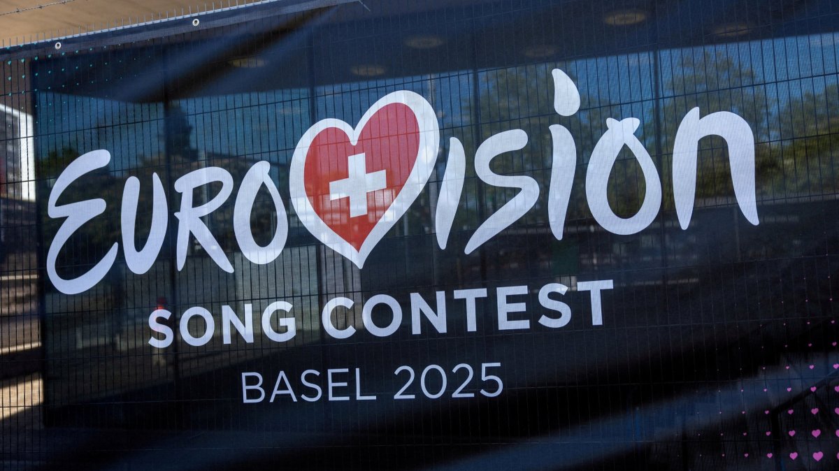 A logo of the Eurovision Song Contest is seen in front of St. Jakobshalle, Basel, Switzerland, May 1, 2025. (Reuters Photo)