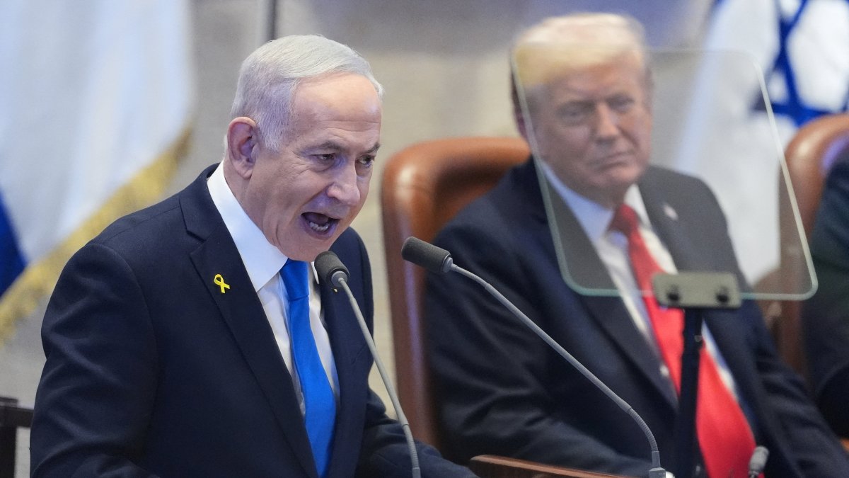 President Donald Trump listens as Israel&#039;s Prime Minister Benjamin Netanyahu speaks at the Knesset, in west Jerusalem, Palestine, Oct. 13, 2025,  (Reuters Photo)