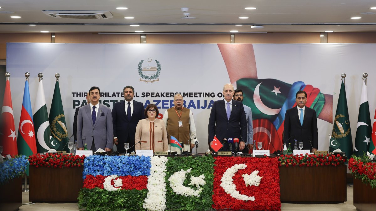 Parliament speakers of Türkiye, Azerbaijan and Pakistan are seen during a conference, Islamabad, Pakistan, Oct. 13, 2025 (AA Photo)