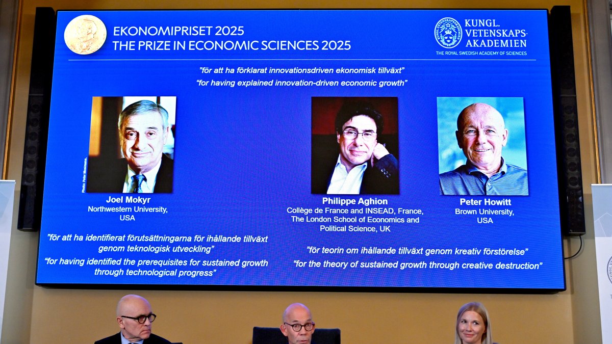 Professor John Hassler, from left, Hans Ellegren, Permanent Secretary of the Academy of Sciences and Professor Kerstin Enflo, announce Joel Mokyr, Philippe Aghion and Peter Howitt as the recipients of the Nobel Memorial Prize in Economics during a press conference at the Royal Swedish Academy of Sciences in Stockholm, Sweden, Oct. 13, 2025. (AP Photo)