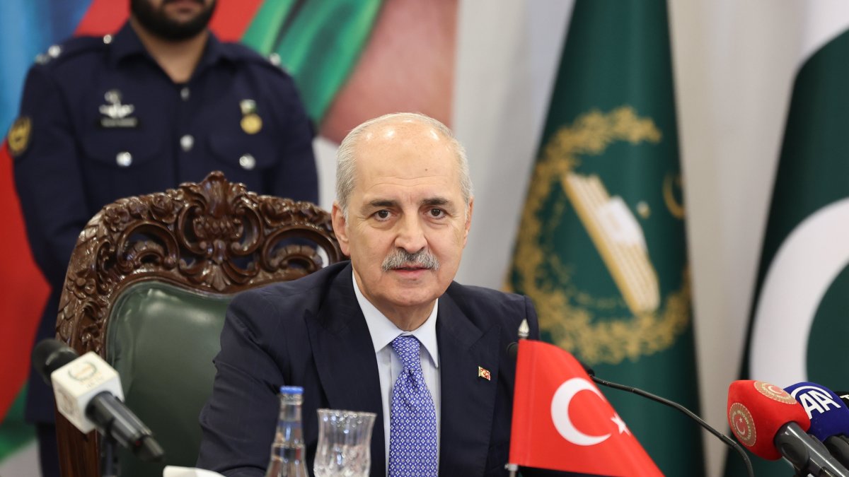 Parliament Speaker Numan Kurtulmuş attends the trilateral meeting of the speakers of the parliaments of Türkiye, Pakistan and Azerbaijan in the Pakistani capital, Islamabad, Oct. 13, 2025. (AA Photo)