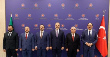 Foreign Minister Fidan (3rd R), Defense Minister Yaşar Güler (2nd R), MIT chief Ibrahim Kalın (R), and Syria&#039;s Foreign Minister Asaad al-Shaibani (3rd L), Defense Minister Murhaf Ahmed Abu Qasra (2nd L) and intelligence chief Hussein al-Salama (L), attend the meeting, Ankara, Türkiye, Oct. 12, 2025. (AA Photo)