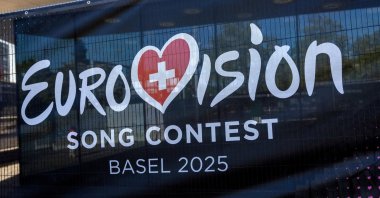 A logo of the Eurovision Song Contest is seen in front of St. Jakobshalle, Basel, Switzerland, May 1, 2025. (Reuters Photo)