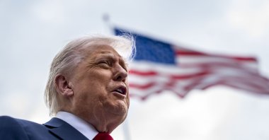 U.S. President Donald Trump speaks to the press before boarding Marine One en route to the U.K., the South Lawn of the White House, Washington, U.S., Sept. 2025. (EPA Photo)