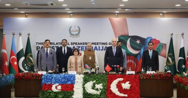 Parliament speakers of Türkiye, Azerbaijan and Pakistan are seen during a conference, Islamabad, Pakistan, Oct. 13, 2025 (AA Photo)